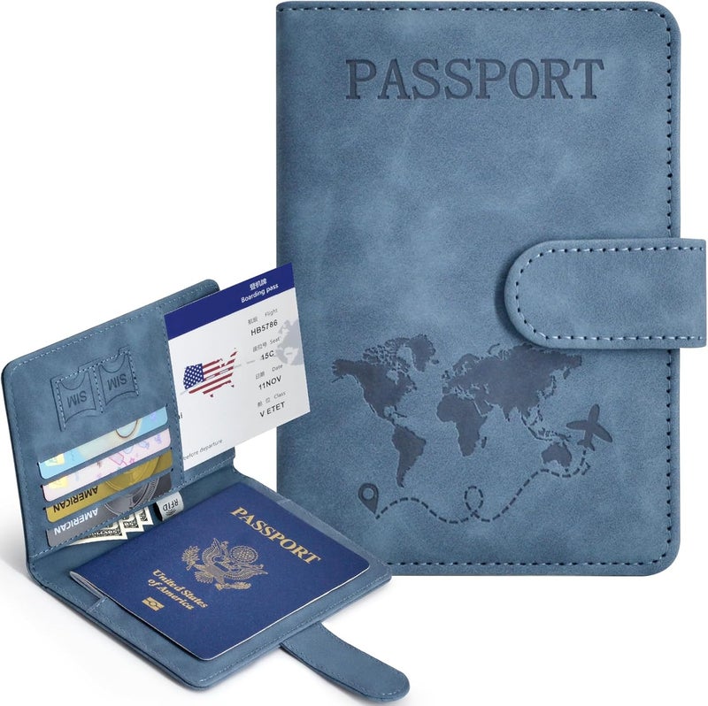 KAOBAN Passport Holder, Passport Cover with Credit Card Slot and Boarding Pass Slot Combo, Passport Wallet Case Book Travel Must Have, RFID Blocking Leather Travel Accessories, Navy Blue - Image 2